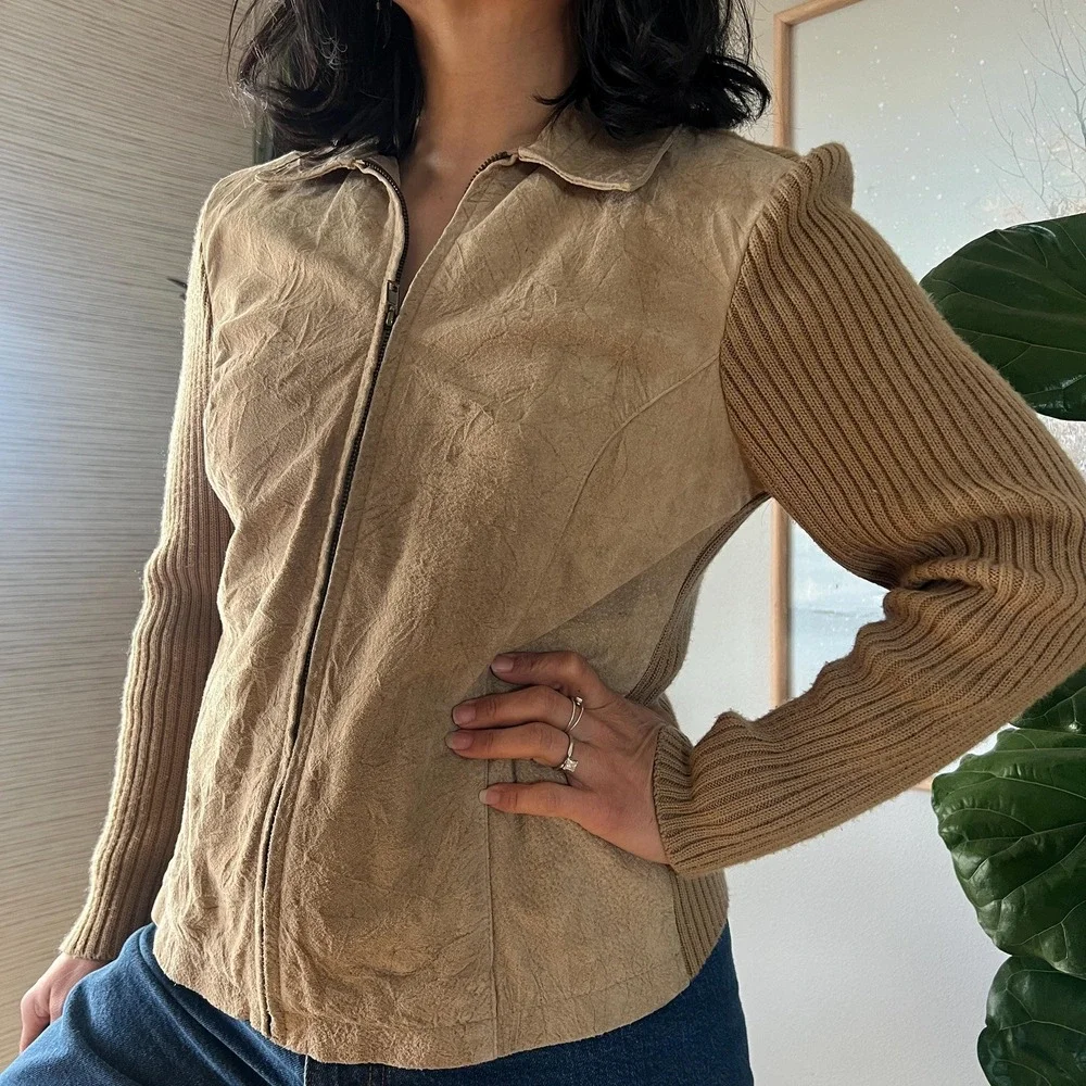Vintage Leather Suede Knit Jacket Tan Zip Up Fitted Equestrian Minimal 90s‎